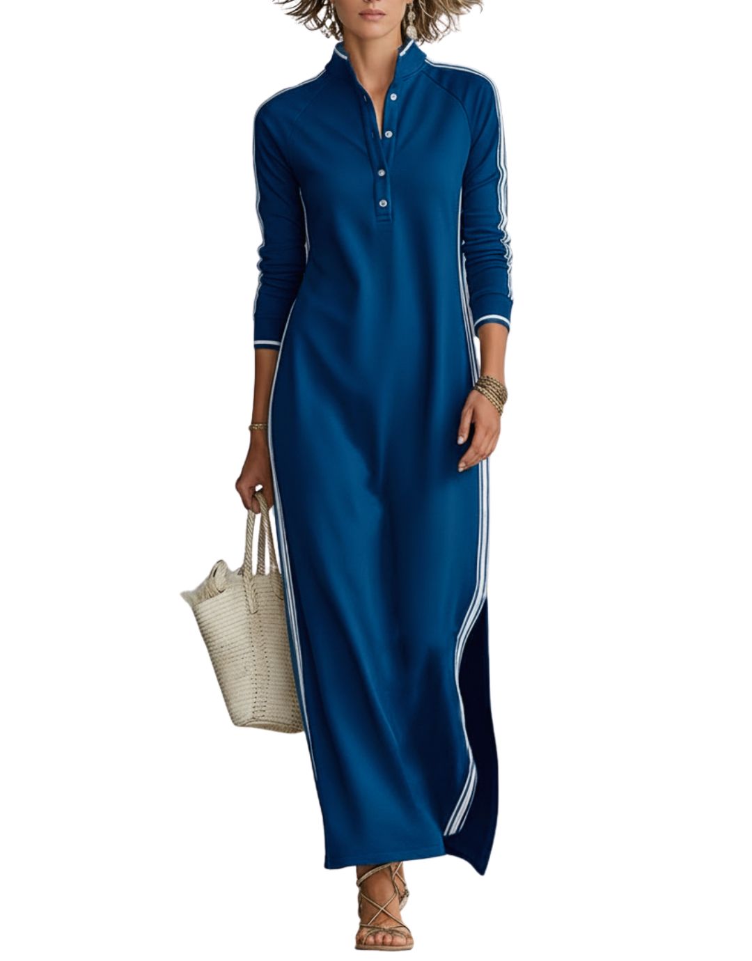 Andreea - Rochie Maxi Casual cu Guler cu Nasturi