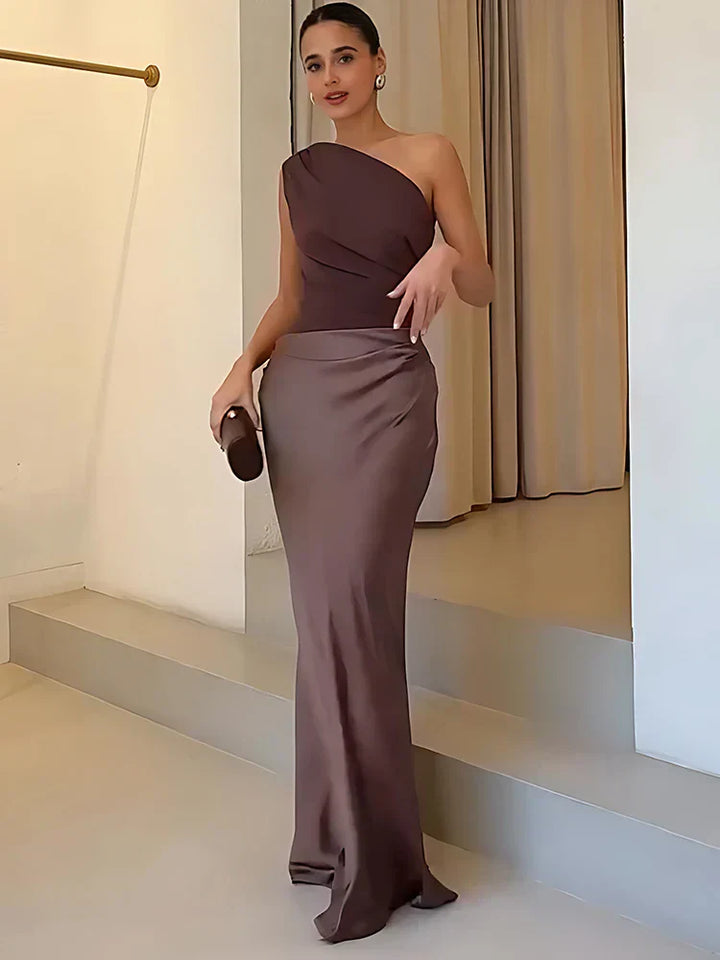 Sophia | Rochie Maxi din Satin cu Un Umăr