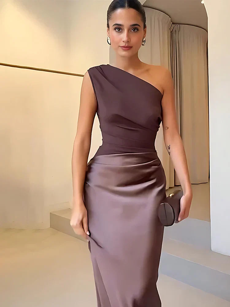 Sophia | Rochie Maxi din Satin cu Un Umăr