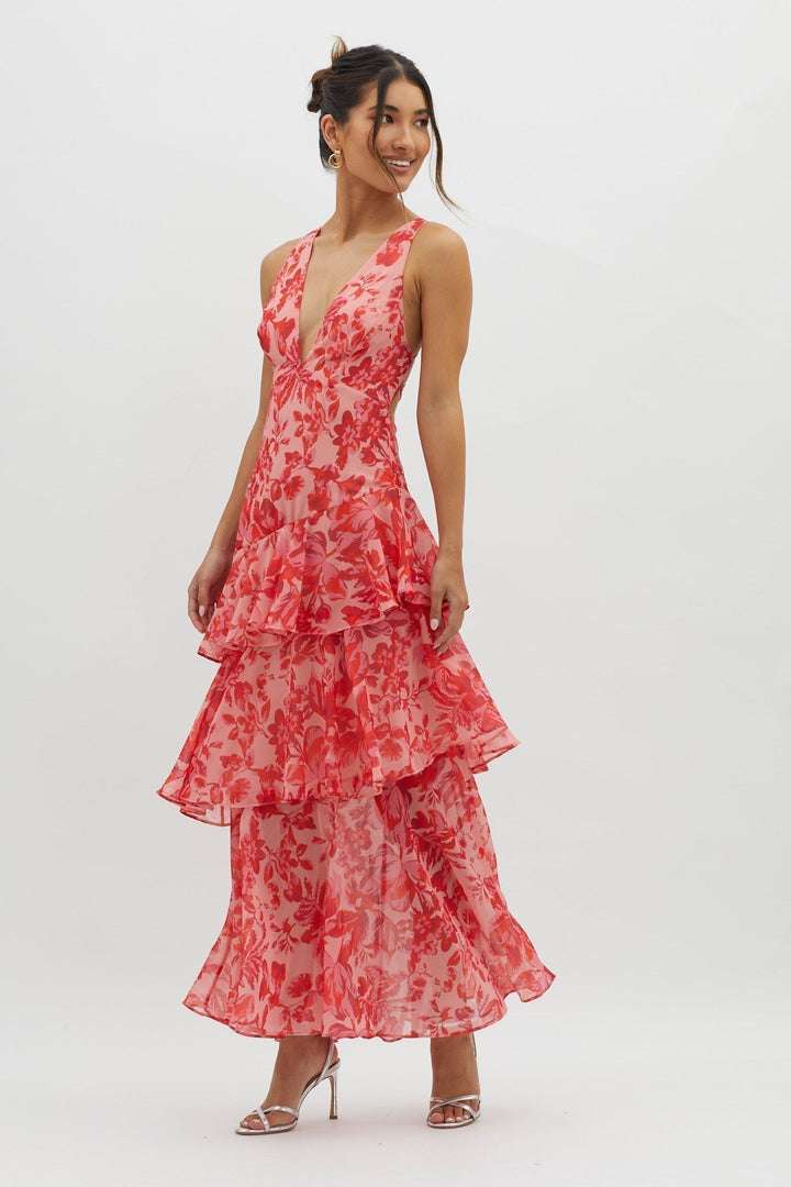 Faye – Rochie Midi de Damă Elegantă cu Volane și Spate Deschis