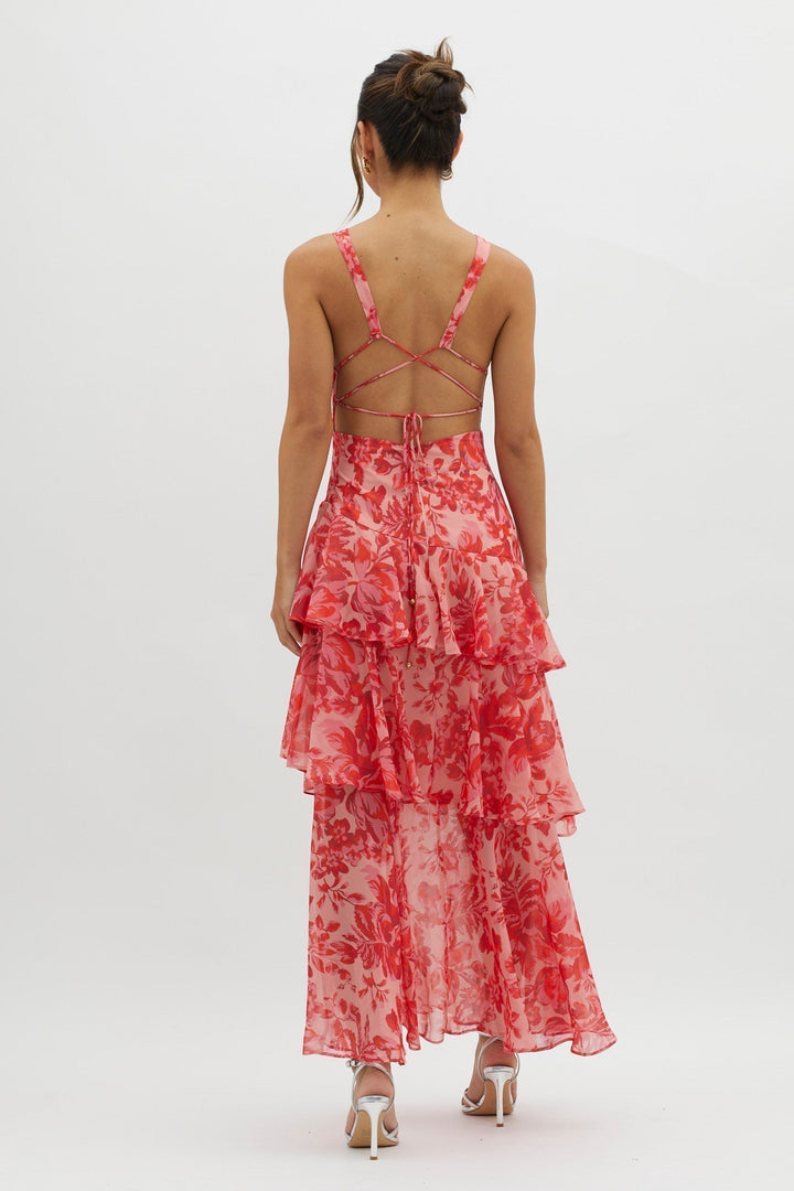 Faye – Rochie Midi de Damă Elegantă cu Volane și Spate Deschis