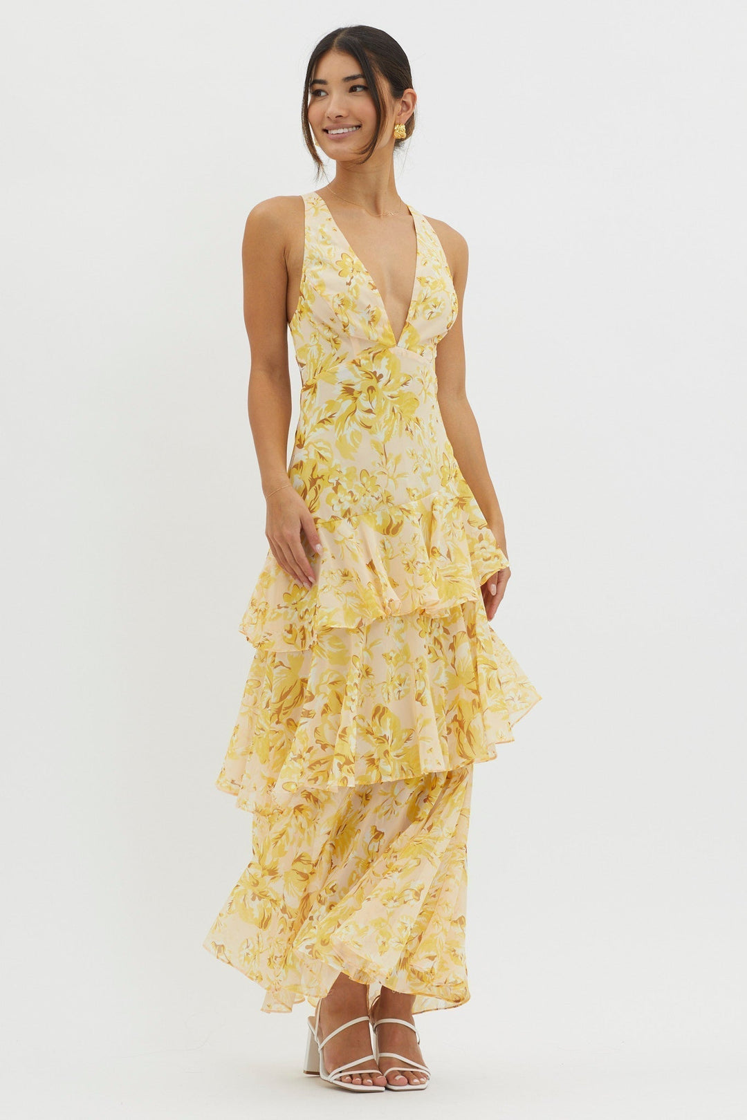 Faye – Rochie Midi de Damă Elegantă cu Volane și Spate Deschis