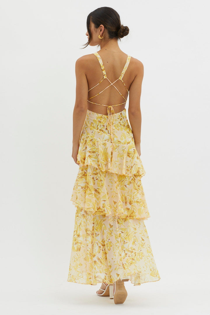 Faye – Rochie Midi de Damă Elegantă cu Volane și Spate Deschis