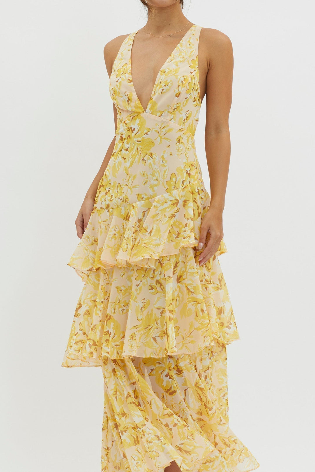 Faye – Rochie Midi de Damă Elegantă cu Volane și Spate Deschis