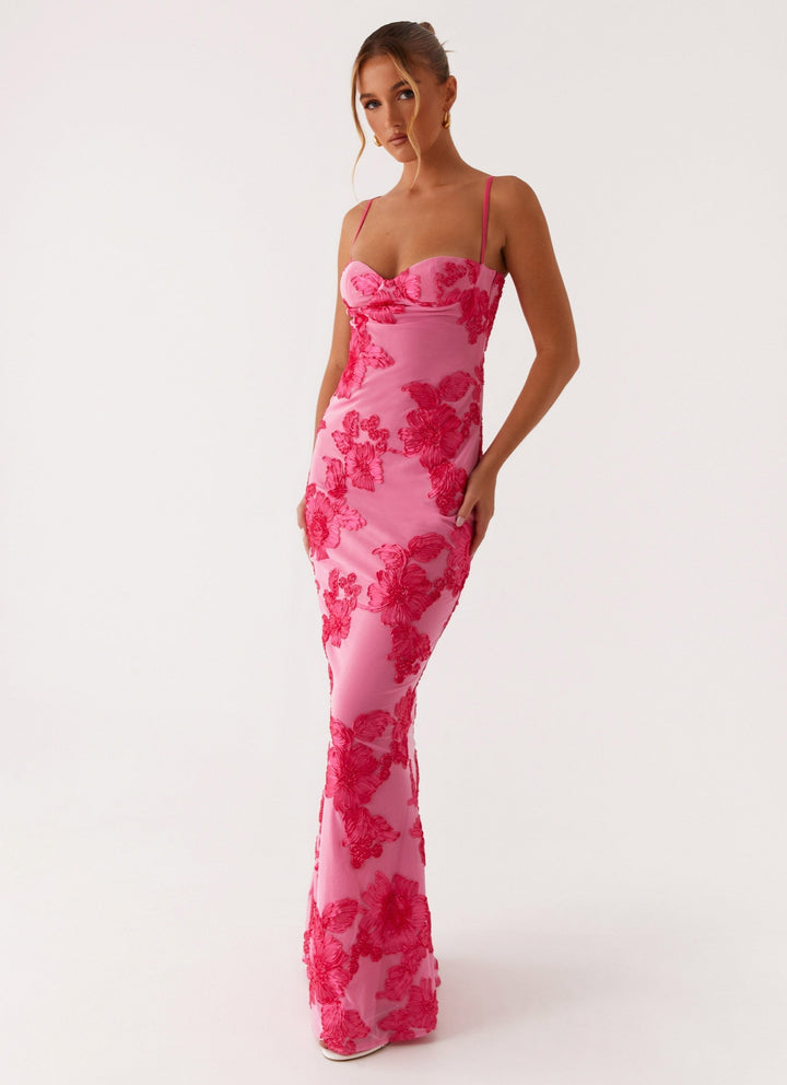 Soraya – Rochie Maxi de Damă Brodată Elegantă Roz