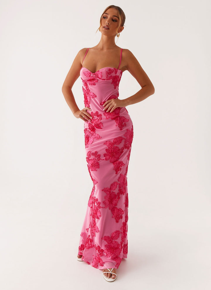 Soraya – Rochie Maxi de Damă Brodată Elegantă Roz