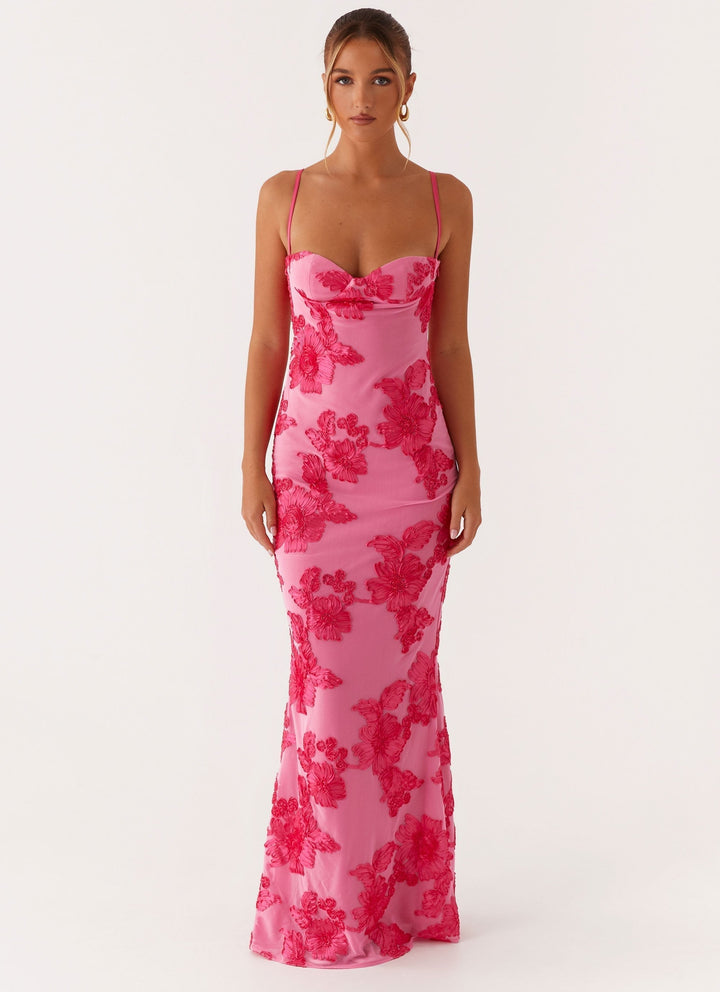 Soraya – Rochie Maxi de Damă Brodată Elegantă Roz