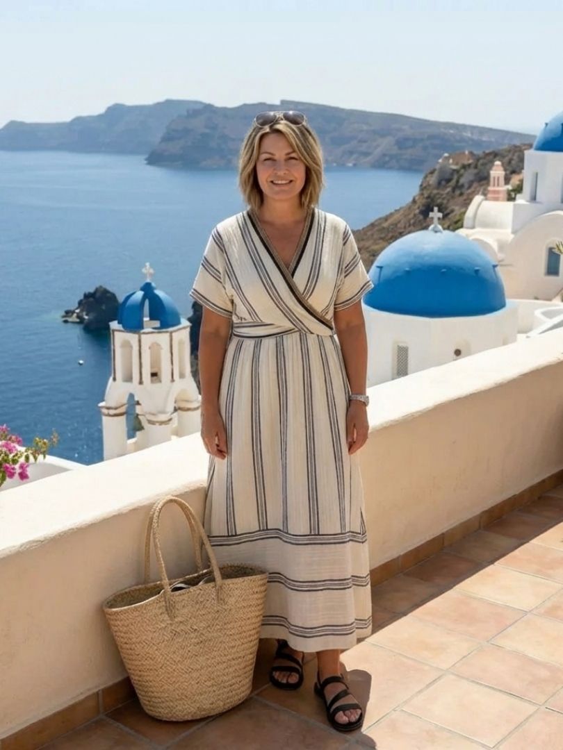 Thalassa | Rochie midi cu decolteu în V, mâneci scurte și talie înfășurată