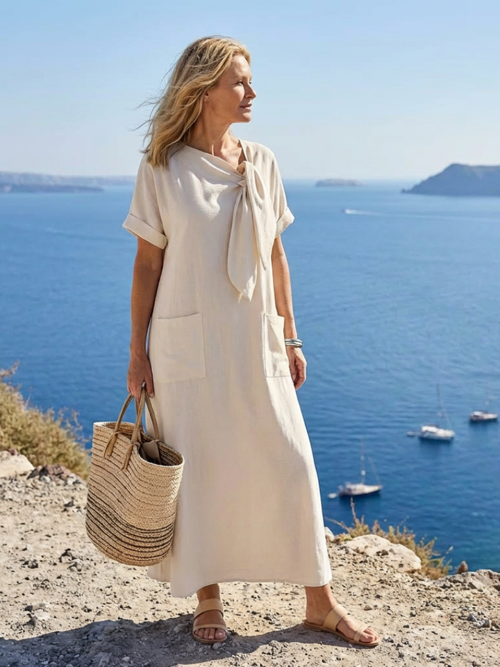 Elowyn | Rochie maxi cu guler rotund, mâneci scurte și buzunar