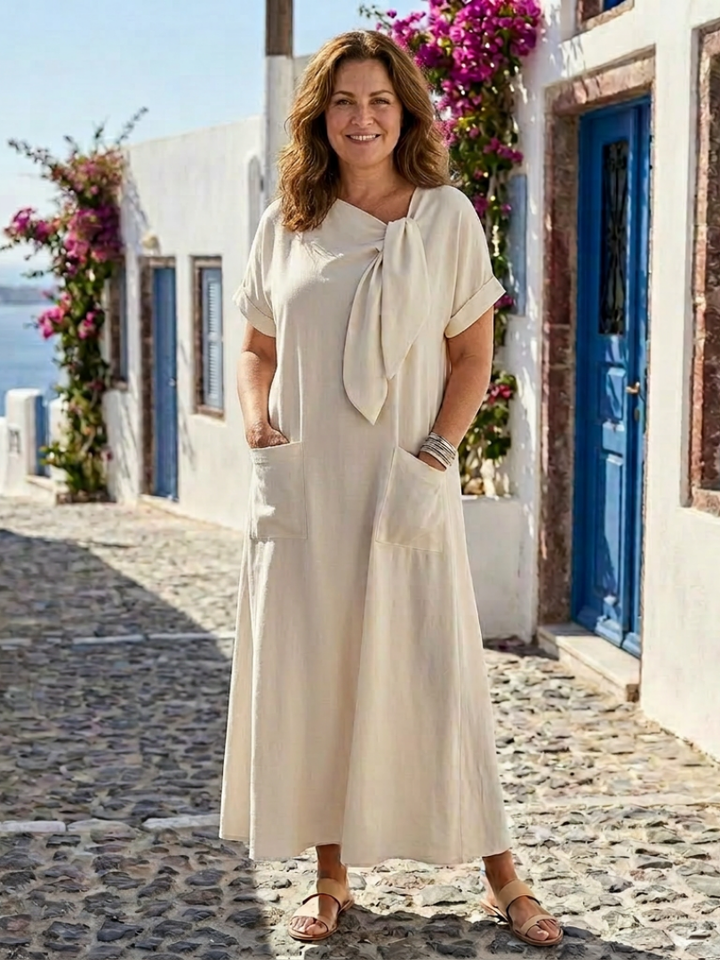 Elowyn | Rochie maxi cu guler rotund, mâneci scurte și buzunar