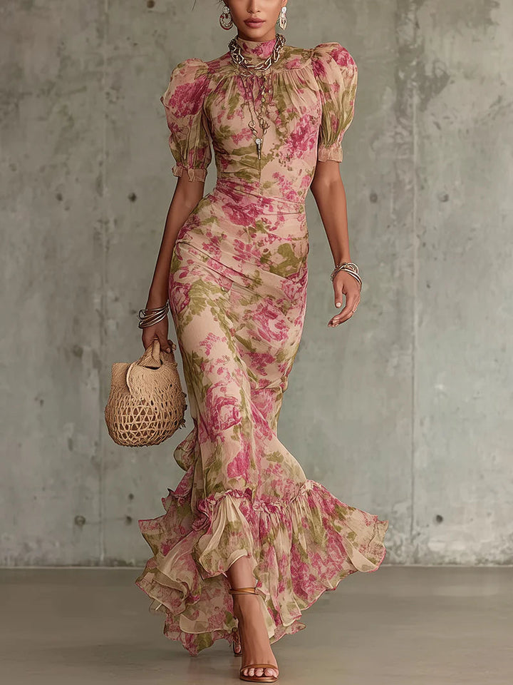 Katinka | Rochie maxi cu imprimeu vintage roz și volane