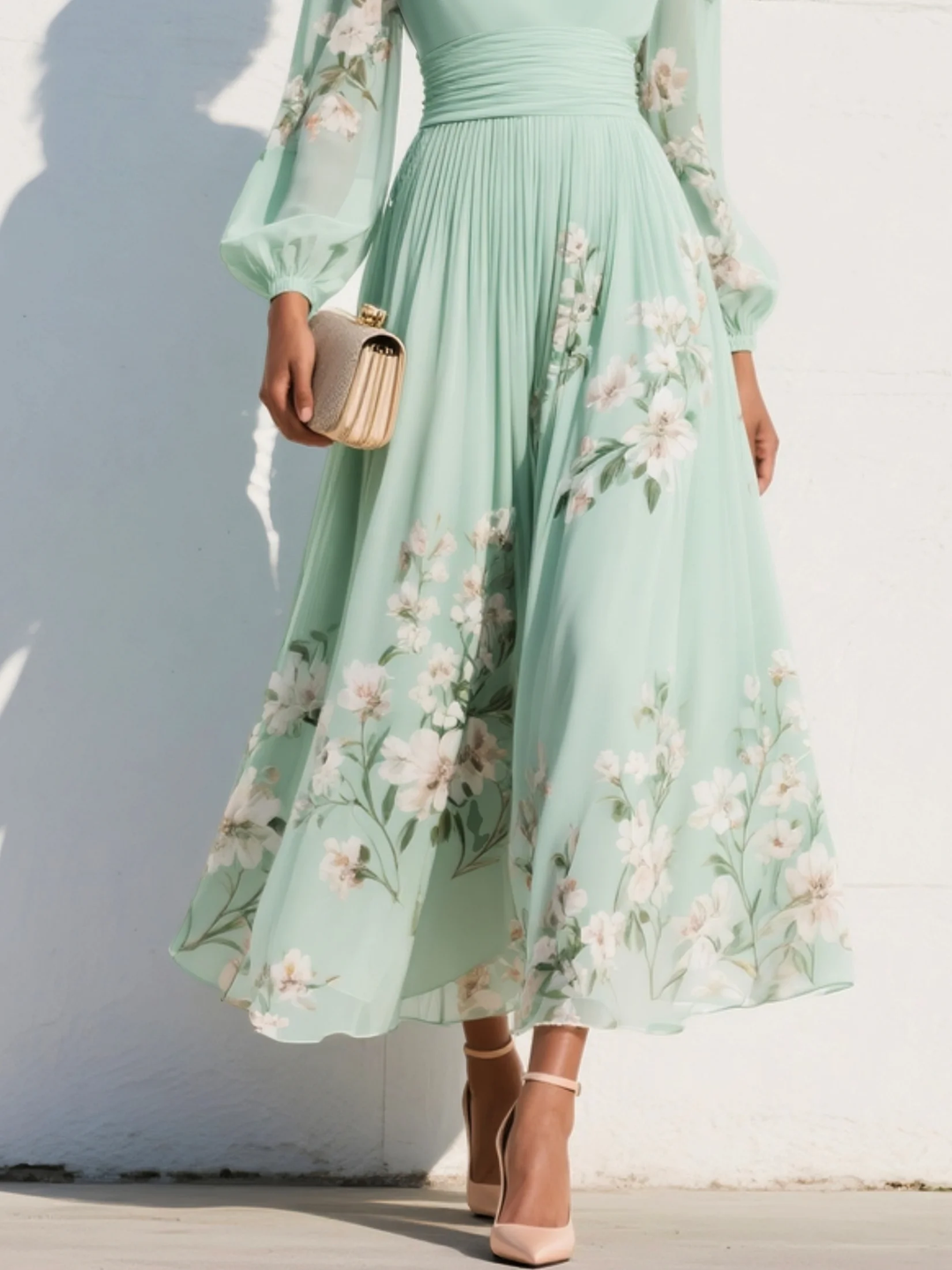 Florina | Rochie midi verde deschis cu decolteu plisat în formă de V din șifon
