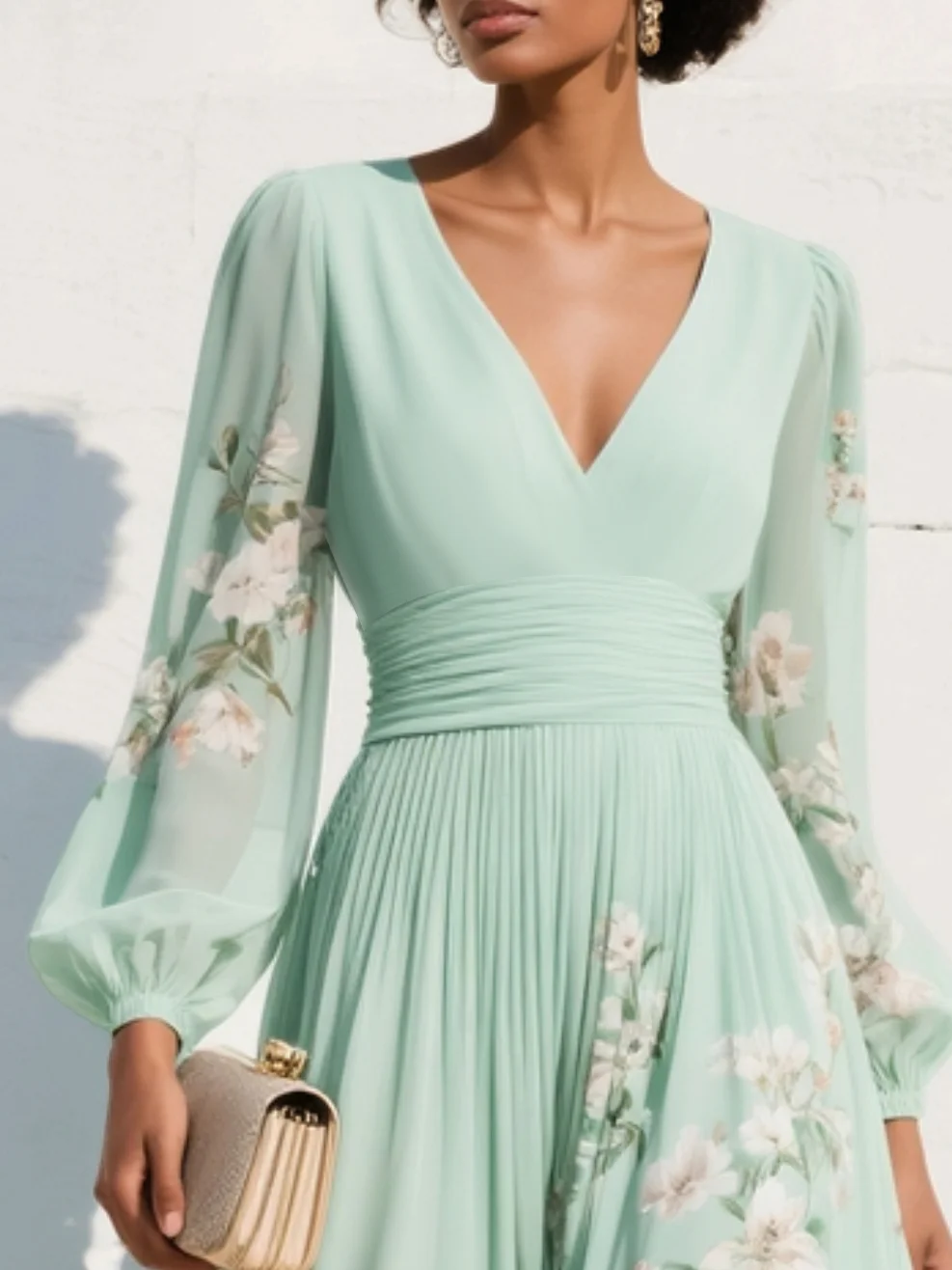 Florina | Rochie midi verde deschis cu decolteu plisat în formă de V din șifon