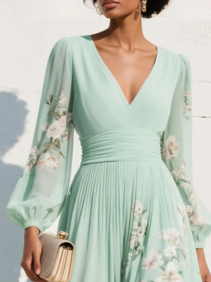 Florina | Rochie midi verde deschis cu decolteu plisat în formă de V din șifon