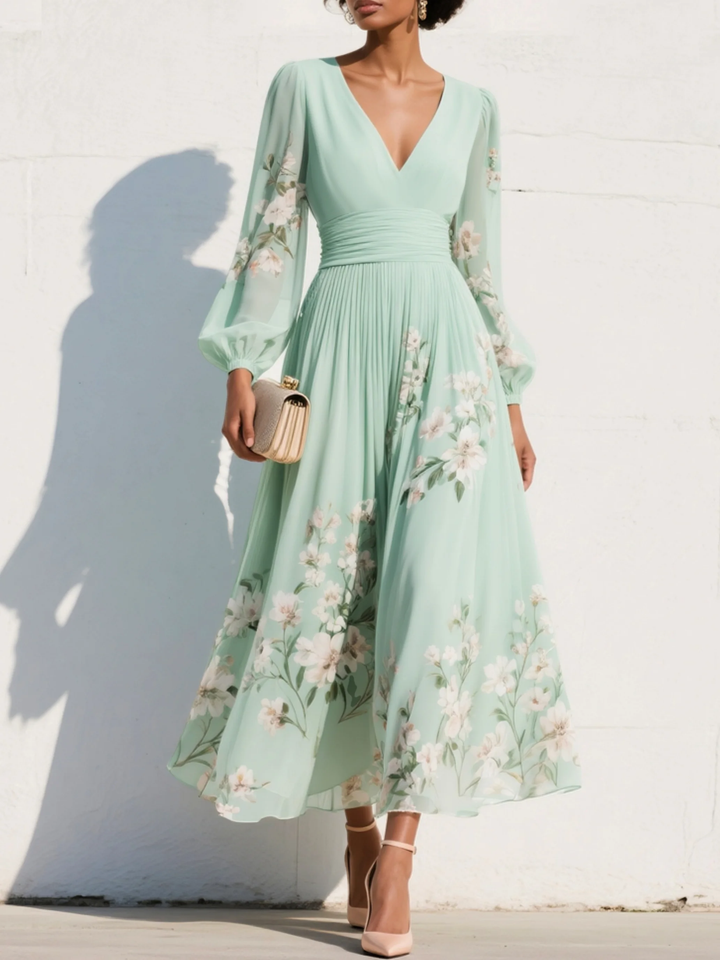 Florina | Rochie midi verde deschis cu decolteu plisat în formă de V din șifon