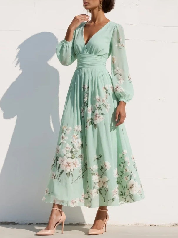 Florina | Rochie midi verde deschis cu decolteu plisat în formă de V din șifon