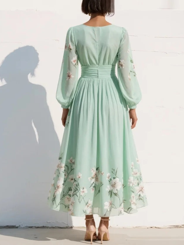 Florina | Rochie midi verde deschis cu decolteu plisat în formă de V din șifon
