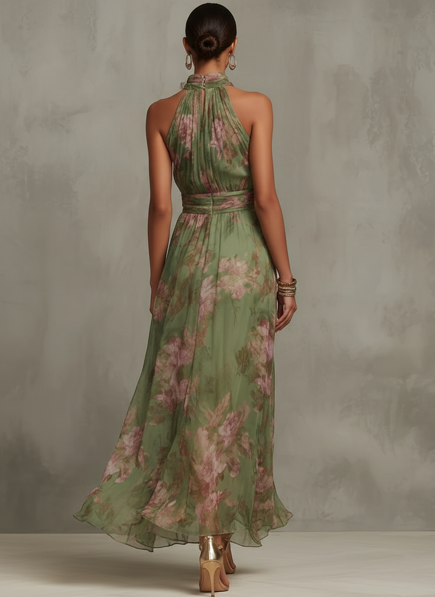 Florencia | Vestido Maxi Halter de Chifón Floral Verde