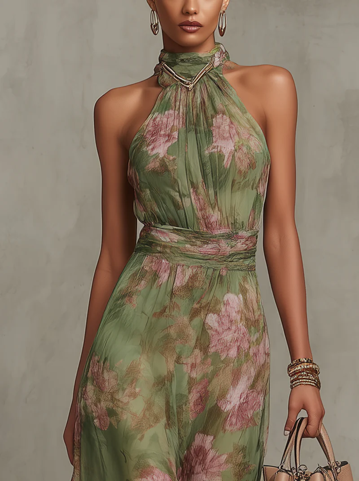 Florencia | Vestido Maxi Halter de Chifón Floral Verde