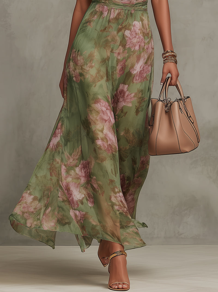 Florencia | Vestido Maxi Halter de Chifón Floral Verde