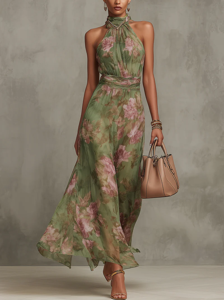 Florencia | Vestido Maxi Halter de Chifón Floral Verde