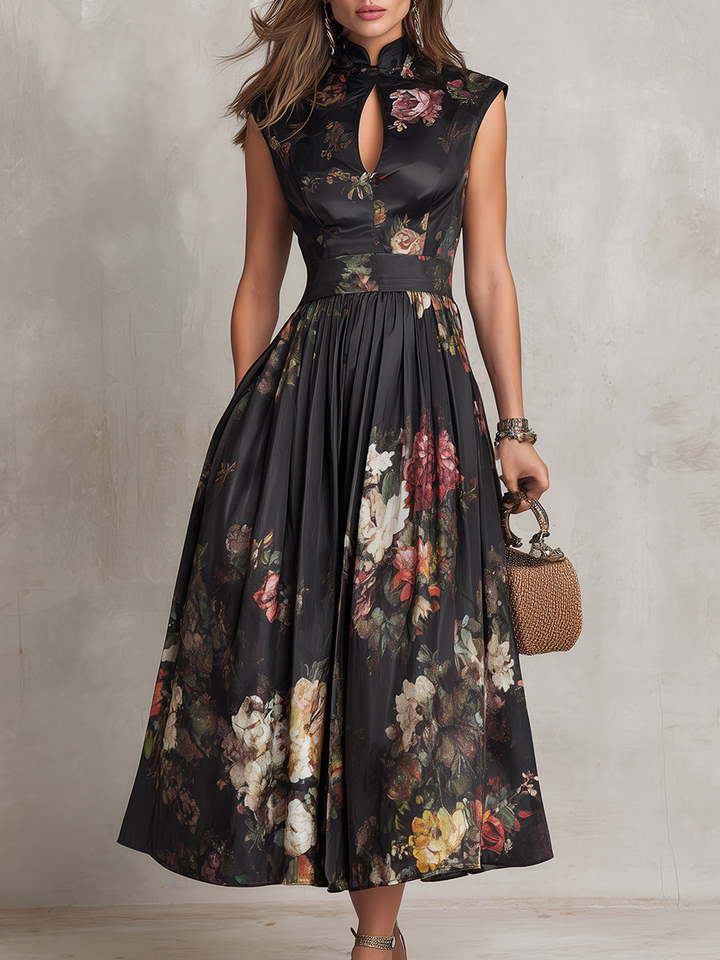 Patricia | Rochie Midi Satinată Neagră cu Model Floral și Plisaje