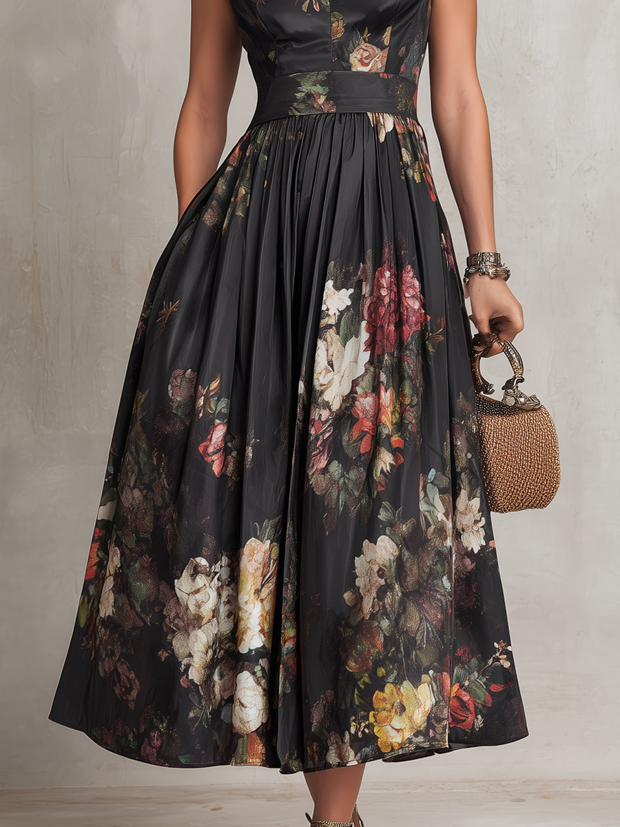 Patricia | Rochie Midi Satinată Neagră cu Model Floral și Plisaje