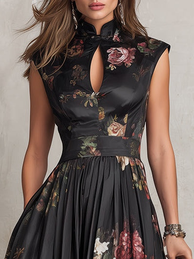 Patricia | Rochie Midi Satinată Neagră cu Model Floral și Plisaje