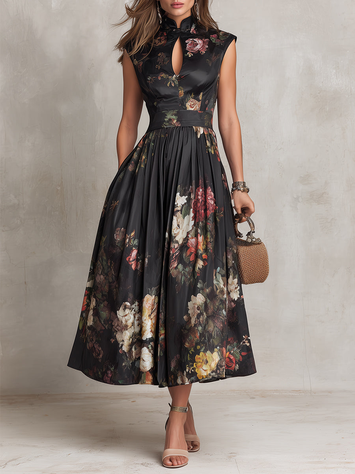 Patricia | Rochie Midi Satinată Neagră cu Model Floral și Plisaje