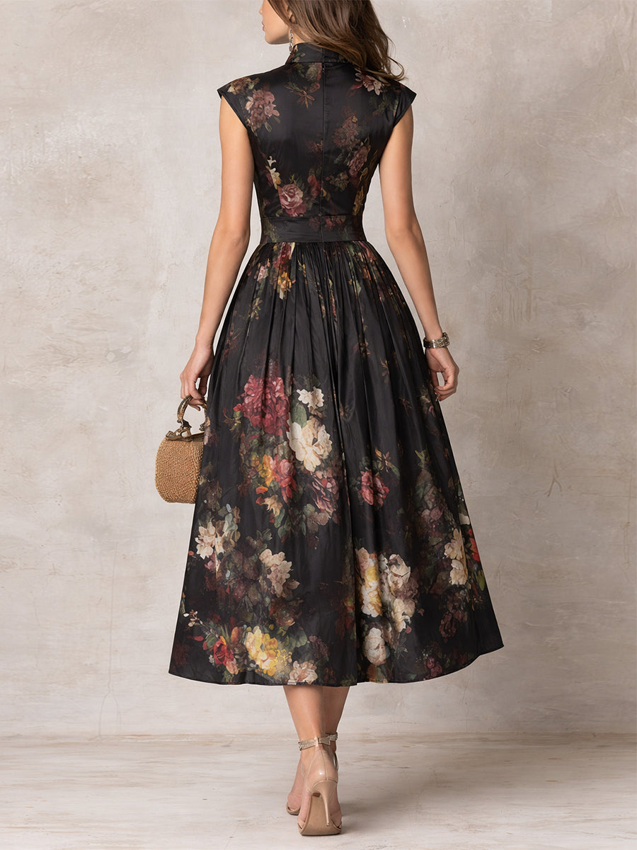 Patricia | Rochie Midi Satinată Neagră cu Model Floral și Plisaje