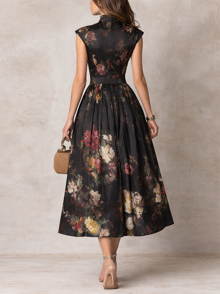 Patricia | Rochie Midi Satinată Neagră cu Model Floral și Plisaje