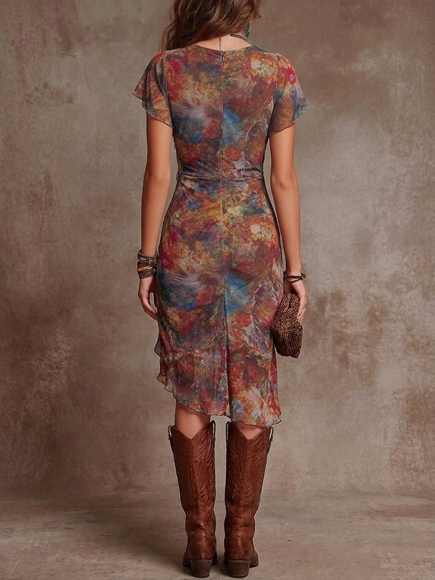 Judy | Rochie Midi Plisată cu Imprimeu Abstract Boem și Decolteu în V