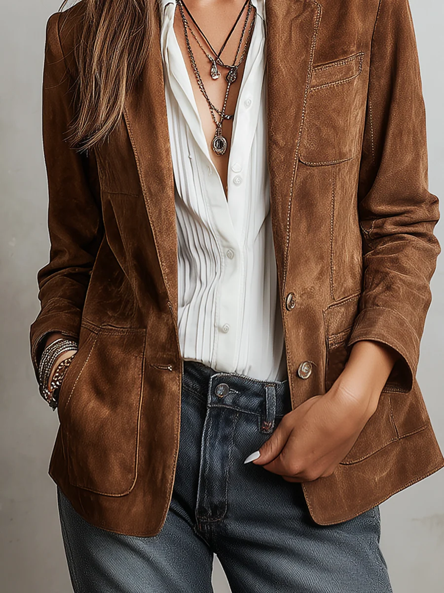Viola – Jachetă vintage din suede cu cusături contrastante