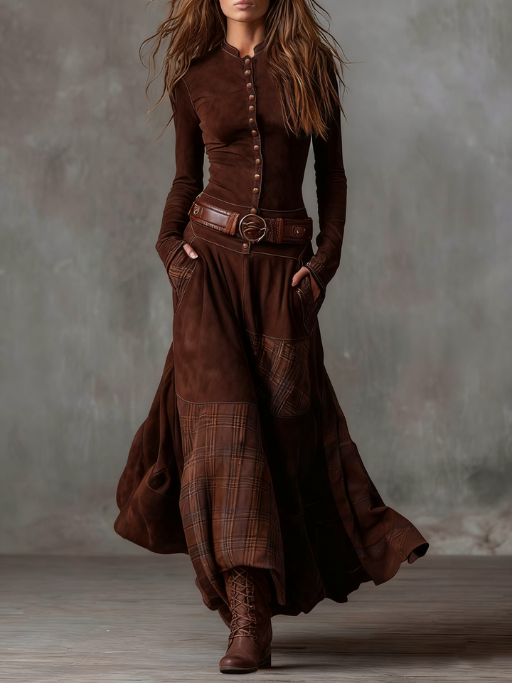 Lorena | Rochie lungă vintage din ante cu carouri bleumarin (include curea)