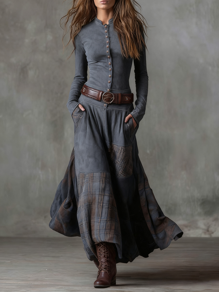 Lorena | Rochie lungă vintage din ante cu carouri bleumarin (include curea)