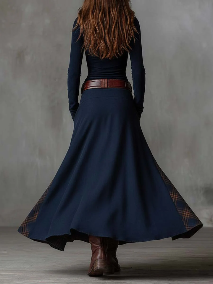 Lorena | Rochie lungă vintage din ante cu carouri bleumarin (include curea)