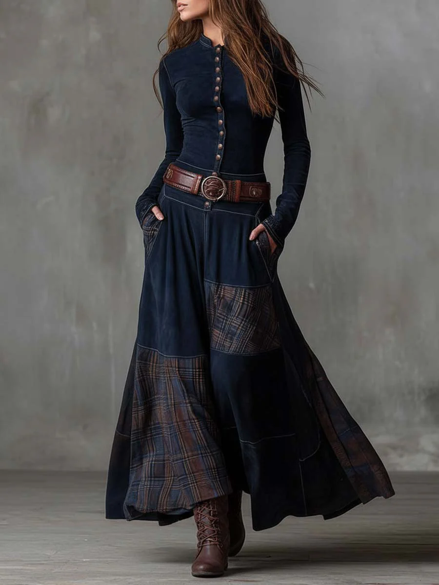 Lorena | Rochie lungă vintage din ante cu carouri bleumarin (include curea)