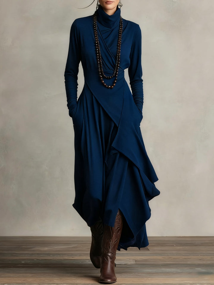 Doina | Rochie maxi plisată asimetrică cu guler înalt