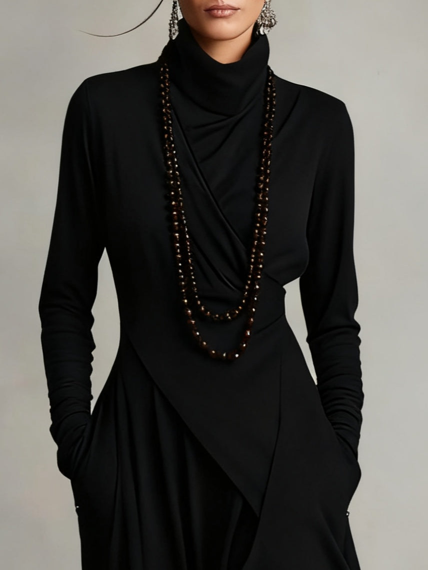 Doina | Rochie maxi plisată asimetrică cu guler înalt