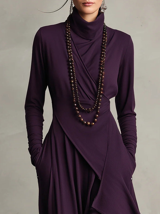 Doina | Rochie maxi plisată asimetrică cu guler înalt