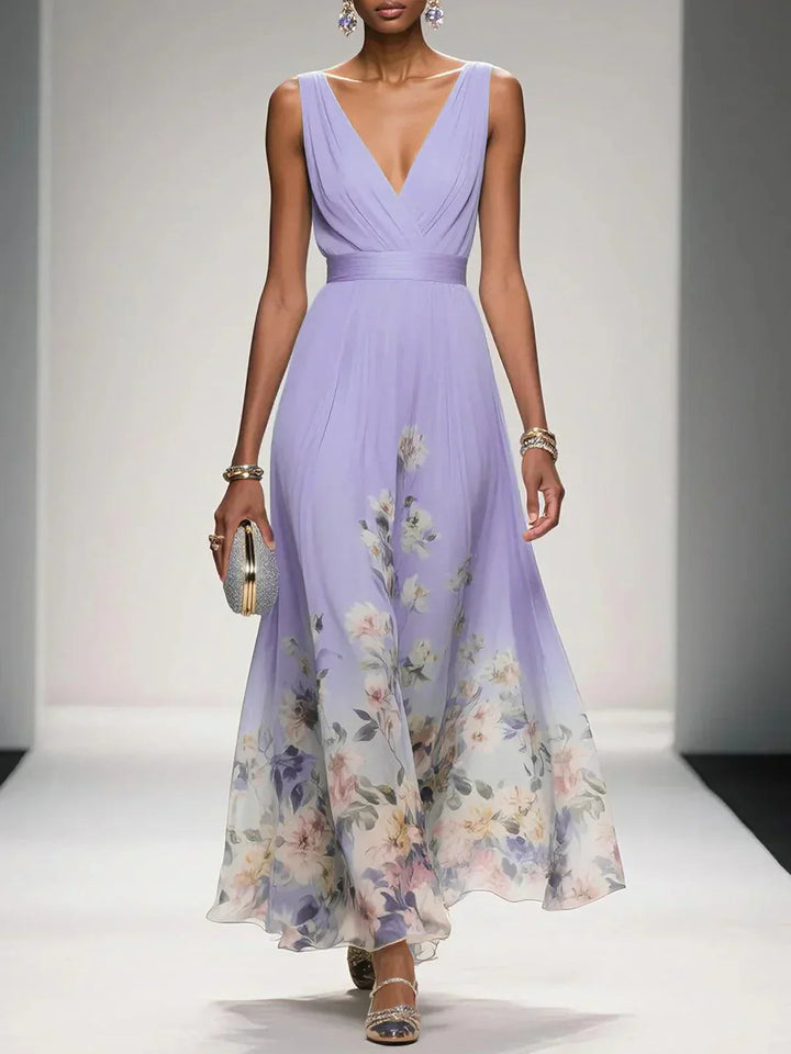 Roza | Rochie Maxi din Chiffon Albăstrie cu Decolteu în Formă de Sere