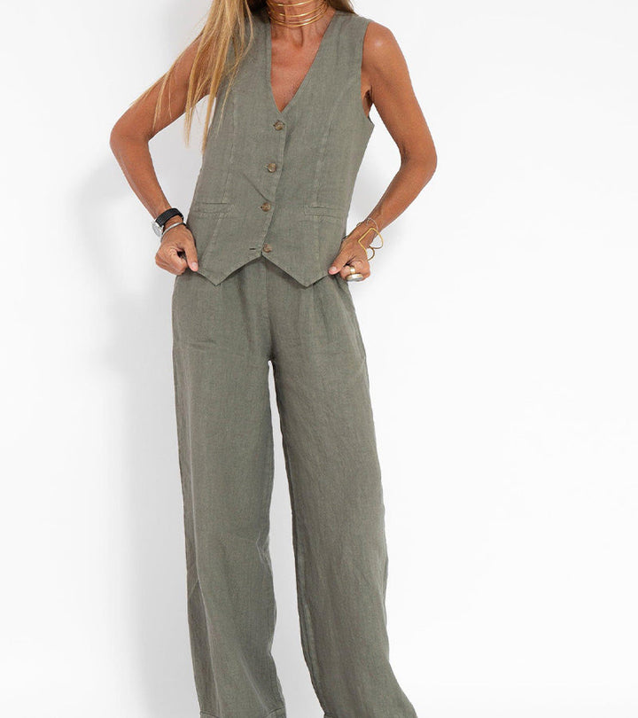 Jessica - Set Vestă cu Nasturi și Pantaloni Largi