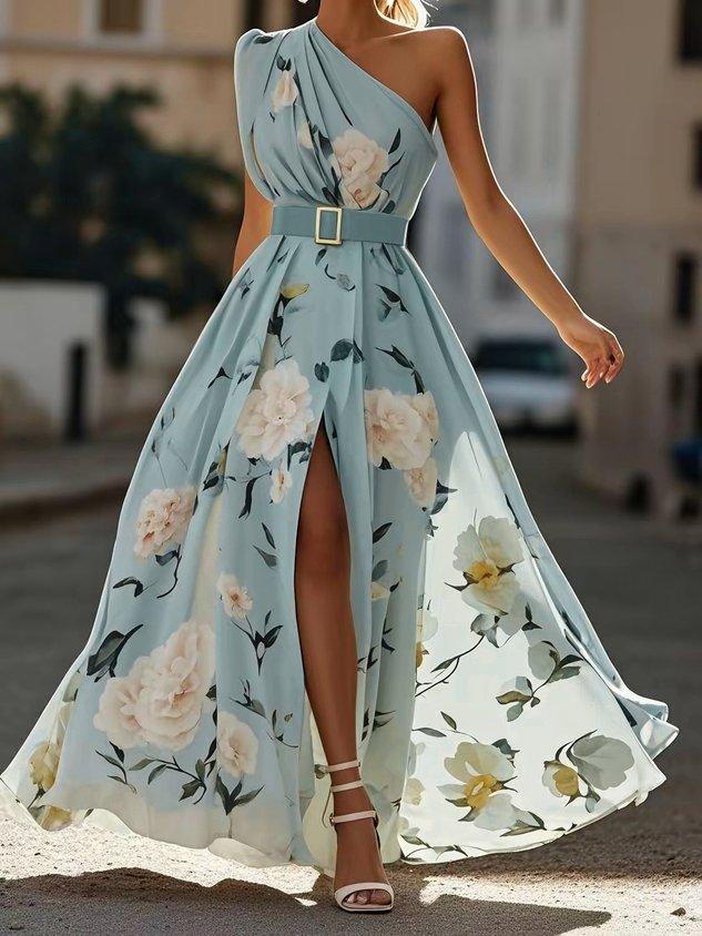 Anna | Rochie Maxi Florală Verde Deschis cu Un Umăr