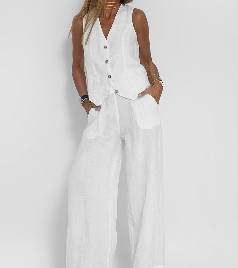 Jessica - Set Vestă cu Nasturi și Pantaloni Largi
