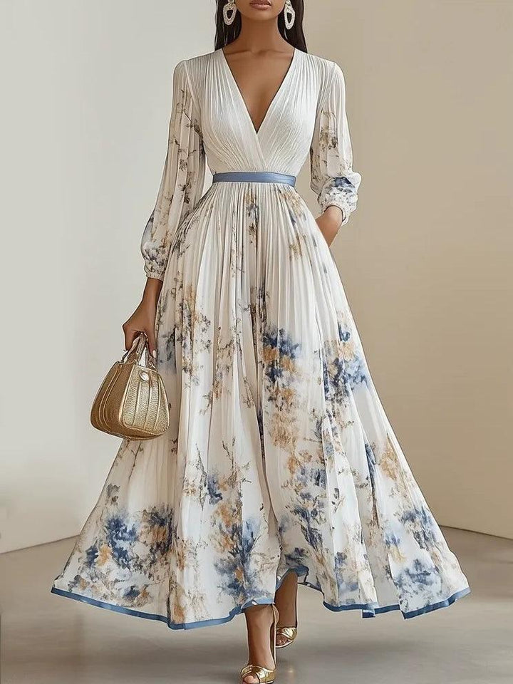 Monika | Rochie maxi albă din șifon cu imprimeu floral și mâneci tip balon