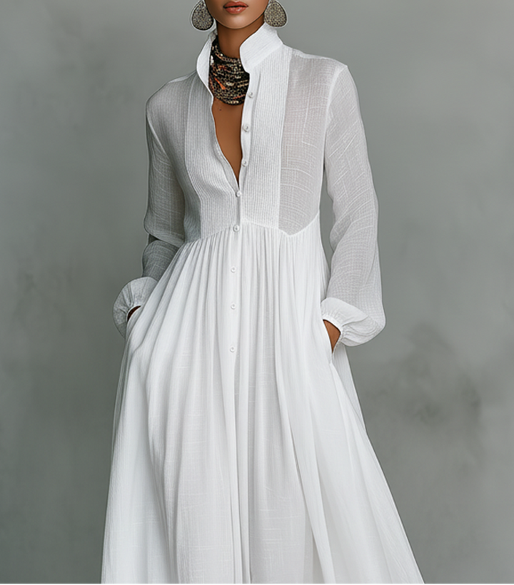 Crina | Rochie Maxi Minimalistă din Bumbac și In cu Patchwork, Gât Înalt și Mâneci Lungi
