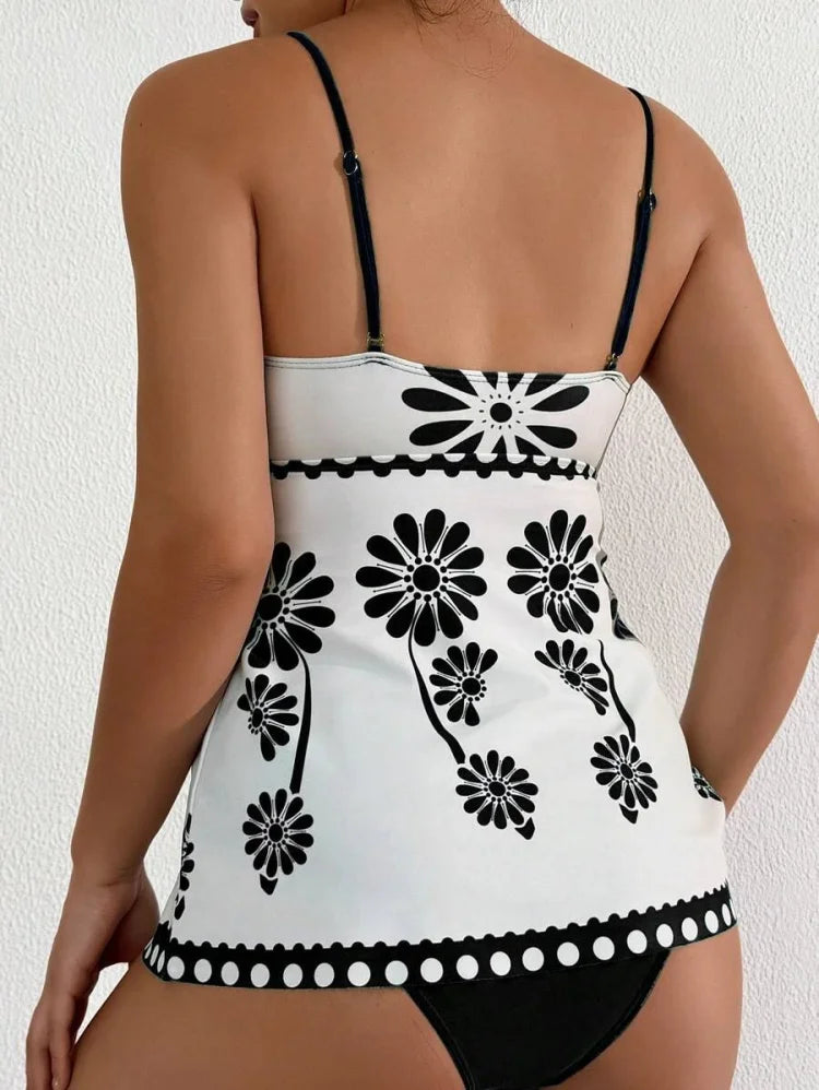 Margarita | Set tankini cu imprimeu de margarete care acoperă abdomenul