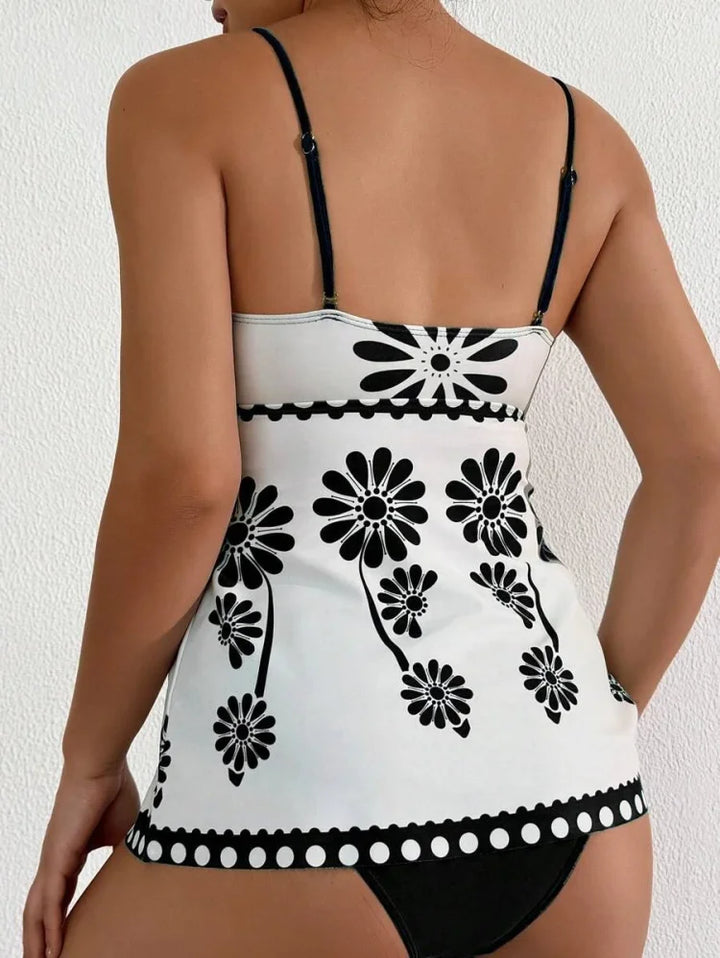 Margarita | Set tankini cu imprimeu de margarete care acoperă abdomenul