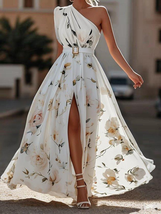 Anna | Rochie Maxi Florală Verde Deschis cu Un Umăr