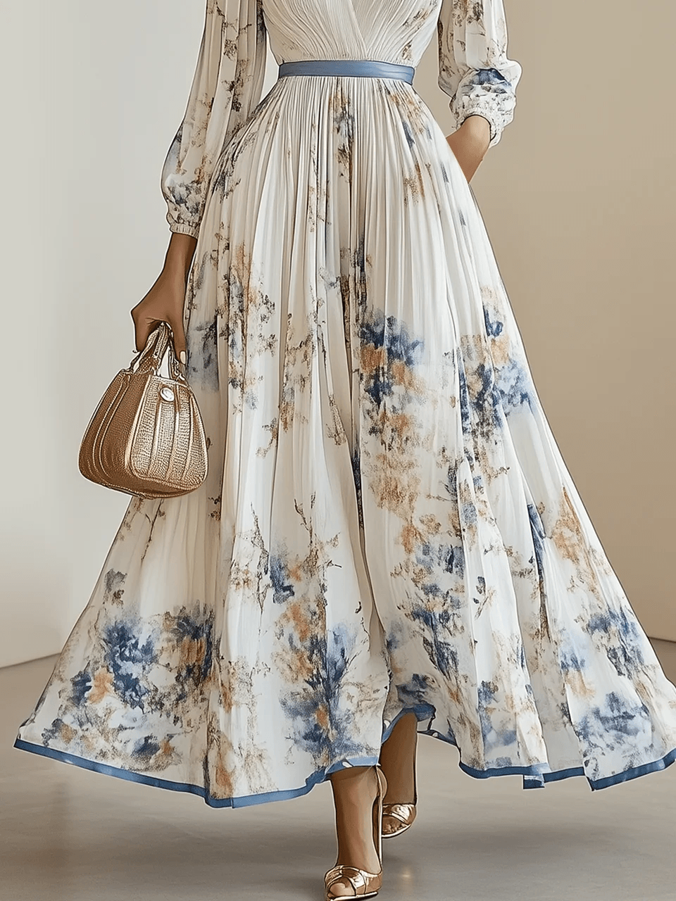 Monika | Rochie maxi albă din șifon cu imprimeu floral și mâneci tip balon